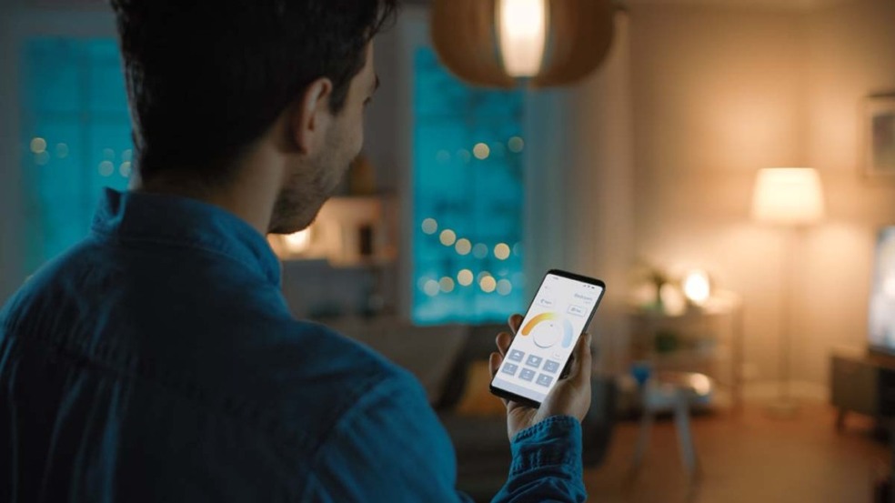 Young Handsome Man is Setting up Comfortable Bedroom Conditions with Voice Command to Smart Home Application on His Smartphone. It’s a Cozy Evening in Technologically Advanced Living Room. Young Handsome Man is Setting up Comfortable Bedroom Conditions with Voice Command to Smart Home Application on His Smartphone. It’s a Cozy Evening in Technologically Advanced Living Room.